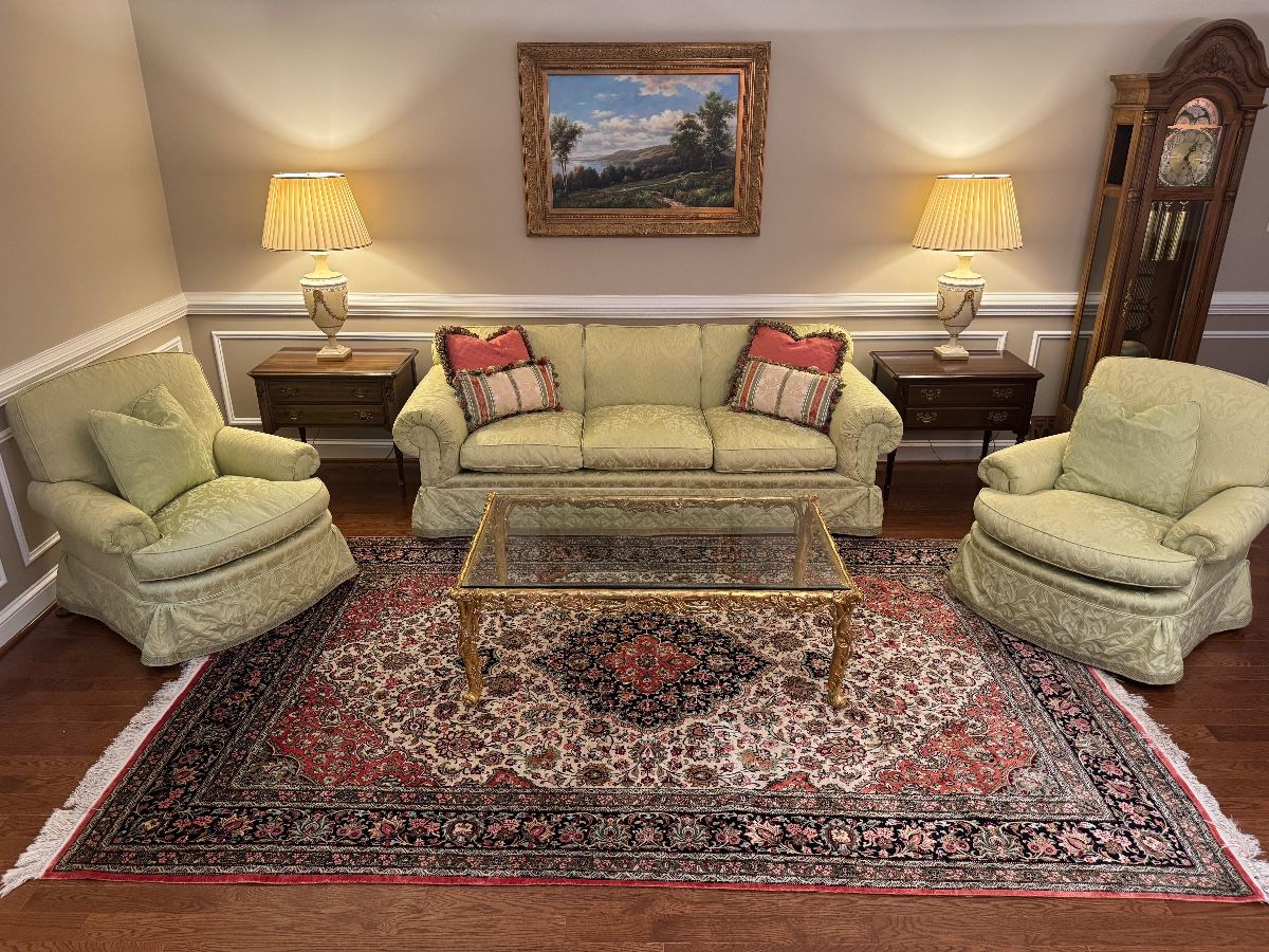Baker Furniture Upholstered 3 Seat Mint Sofa (36"D x 87"W x 29" Back Height) & Baker Furniture Upholstered Mint Armchair (36"W x 41"D x 34" Back Height / 2 Available) with Rectangular Gold Gilt Carved Wood Coffee Table with Glass Top (51"W x 31"D x 18"H) 