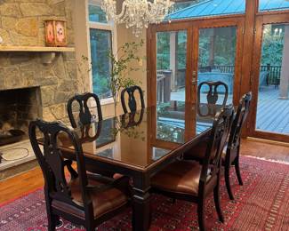 Ethan Allen Rectangular Dining Table with Glass Top Protective Covering (41-1/2"W x 30-1/2"H x 62"L with 4 Leaves 18"L each) & Ethan Allen Dining Chairs (24"W x 24"D x 41-1/2" Back Height - 4 Side Chairs & 2 Armchairs)  