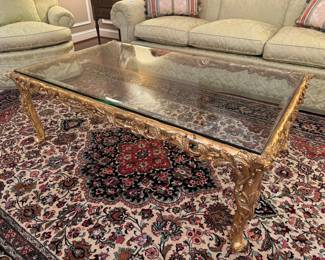 Rectangular Gold Gilt Carved Wood Coffee Table with Glass Top (51"W x 31"D x 18"H)