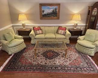 Baker Furniture Upholstered 3 Seat Mint Sofa (36"D x 87"W x 29" Back Height) & Baker Furniture Upholstered Mint Armchair (36"W x 41"D x 34" Back Height / 2 Available) with Rectangular Gold Gilt Carved Wood Coffee Table with Glass Top (51"W x 31"D x 18"H) 