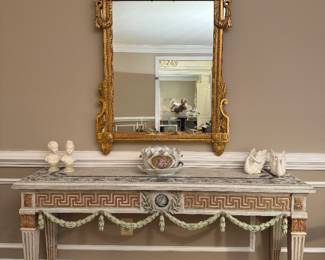 French Louis XVI Style Wooden Console Table (67"W x 17"D x 33"H) with Mirror Fair Louis XVI Style Gold Giltwood Wall Mirror (37"W x 56"H) 