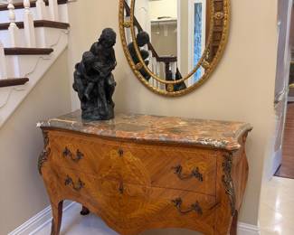 Baker Furniture Louis XV Style Marble Topped 2 Drawer Commode (19-1/2"D x 51"W x 34"H) with Mirror Fair Neoclassical Style Gold Gilt Oval Wall Mirror (30"W x 39"H) 