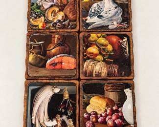 lk Set of Six Vintage Decorative Art Coasters with Various Classic Still Life and Animal Designs