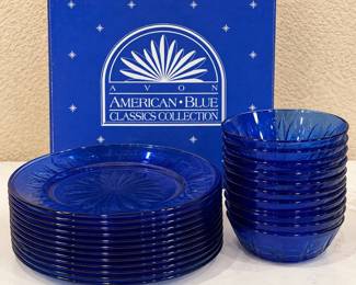 lk Avon American Blue Classics Collection Cobalt Blue Glass Dinnerware Set with Original Box 35 pieces
