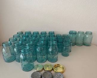 lk Assortment of 31 Vintage Blue Ball Canning Jars with Lids