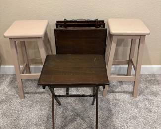f Set of Two Beige Barstools and Four Wooden TV Trays with Storage Unit
