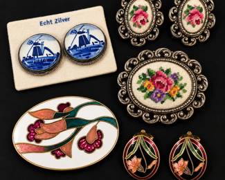 j Delft Silver Earrings, Needlepoint Enamel Floral Jewelry