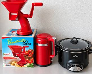 lk Kitchenware Set Featuring Vintage Red Tomato Press, KitchenAid 1.5L Electric Kettle, and Rival 5 Qt Crockpot