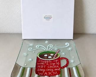 lk Demdaco Glass Fusion Tray with Hot Cocoa Design