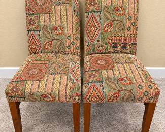 f Pair of Parsons Style Dining Chairs with Patterned Upholstery