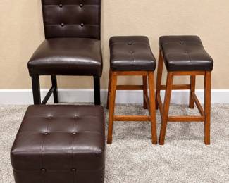f Assortment of Dark Brown Faux Leather Barstools, Chair, and Ottoman Set