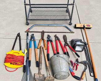 g Large Garden Yard Tool Lot with Rolling Utility Cart Loppers, Shears, Bow Saw, Rakes More