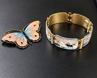 j Norwegian 925S Sterling Silver Guilloche Enamel Bracelet Butterfly Brooch 47g