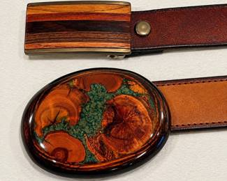 c Set of Two Womens Leather Belts with Distinctive Buckles