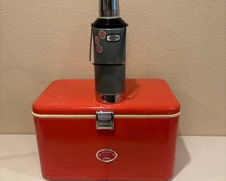 v Vintage Thermos Icy Hot Metal Ice Chest Cooler with Thermos Flask