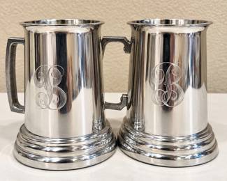 lk Set of Two Classic Silver Beer Mugs with Monogram Detailing