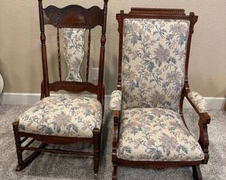 f Pair of Antique Wooden Rockers with Floral Upholstery