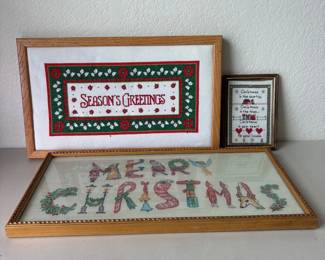h Set of Three Holiday White Framed Christmas CrossStitch Artworks