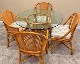 f McGuire Rattan Dining Set with Glass Top and Cushioned Chairs