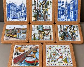 ld Set of 8 Painted Ceramic Tile Trivets with Cork Backing