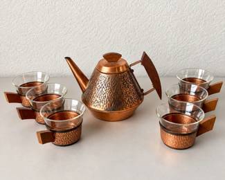 hk Vintage German Copper Coffee Tea Set with Glass Cup Inserts