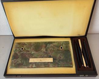 v Vintage Marble Desk Pen Holder with Case, 13 x 6.5 Inches