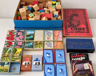 ld Assortment of Vintage Games and Wooden Building Blocks with Card Decks