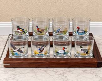 hk Assortment of Duck Glasses with Wooden HolderCarrier