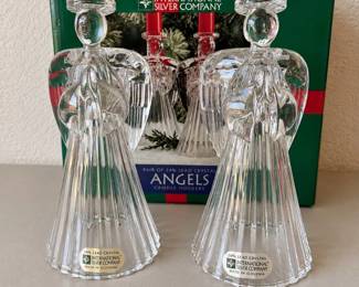 h International Silver Company Pair of 24 Lead Crystal Angel Candle Holders