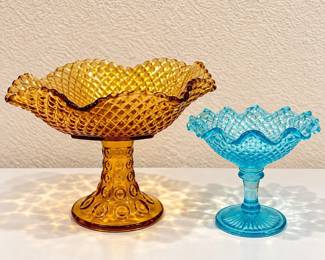 hd Pair of Pedestal Compote Dishes with Diamond Point Pattern and Ruffled Edges