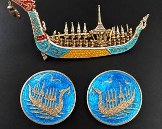 j Vintage Siam Sterling Silver Enamel Dragon Boat Brooch ClipOn Earrings 12g