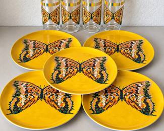 hk World Market 9Piece Plastic Cups and Plates Set with Vibrant Butterfly Design