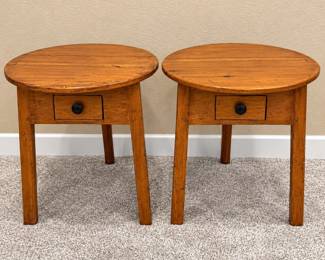 f Pair of Round Wooden End Tables with Drawer
