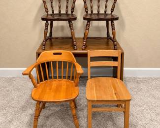 f Mixed Lot of Wooden Desk and Four Chairs with Various Finishes