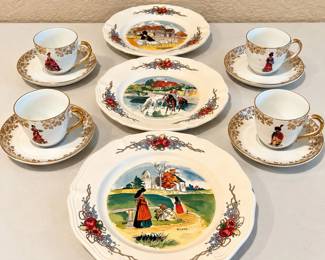 hk Vintage Assorted French Dishes Set Featuring HandPainted Rural Scenes