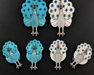 j Vintage Siam Sterling Silver Enamel Peacock Brooch 2 Pairs ClipOn Earrings 29g