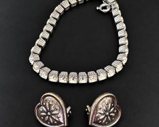 j Sterling Silver Rhinestone Tennis Bracelet Heart ClipOn Earrings 16g