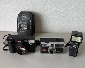 e Camera and Flash Assortment Canon AF35 ML, Kodak Instamatic 304, Vivitar 118 Flash