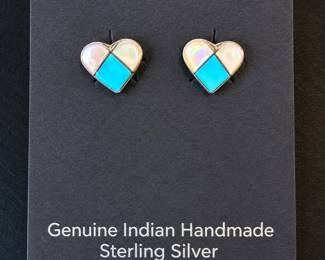 j Native American Sterling Silver Turquoise MotherofPearl Heart Stud Earrings