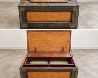 v Antique Riveted Wood Steamer Trunk Storage Chest with Interior Sliding Compartments