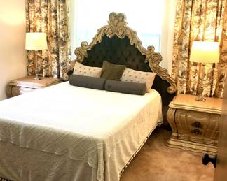 Guest Room Queen Velvet Tufted Headboard and matching French Provincial or Italian-style bombe nightstand