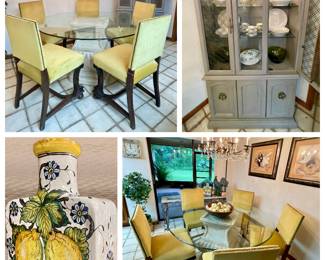 Pulaski Glass Dinette Table Chartreuse Panne Velvet Dining Chairs Vintage China Cabinet and Italian Lemon Pottery