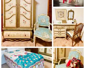 Pulaski Tole painted Armoire, French Provencial Desk, Italian Toile Bergere Chair, 1950s Peacock Chenille Coverlet, Victorian Silk Velvet Crazy Quilt, Vintage Children's clothing