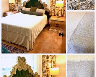 Guest Room Queen Velvet Tufted Headboard. Vintage Candlewick Rose coverlet with PomPom fringe with crochet coverlet 