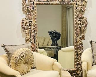 Original La Barge Mirror w/ Tag Style:  Italian Rococo/Baroque  Origin: Italy mid to late 20th Century  Finish: Antique Florentine gold gilt Measures: T68",  W48" 