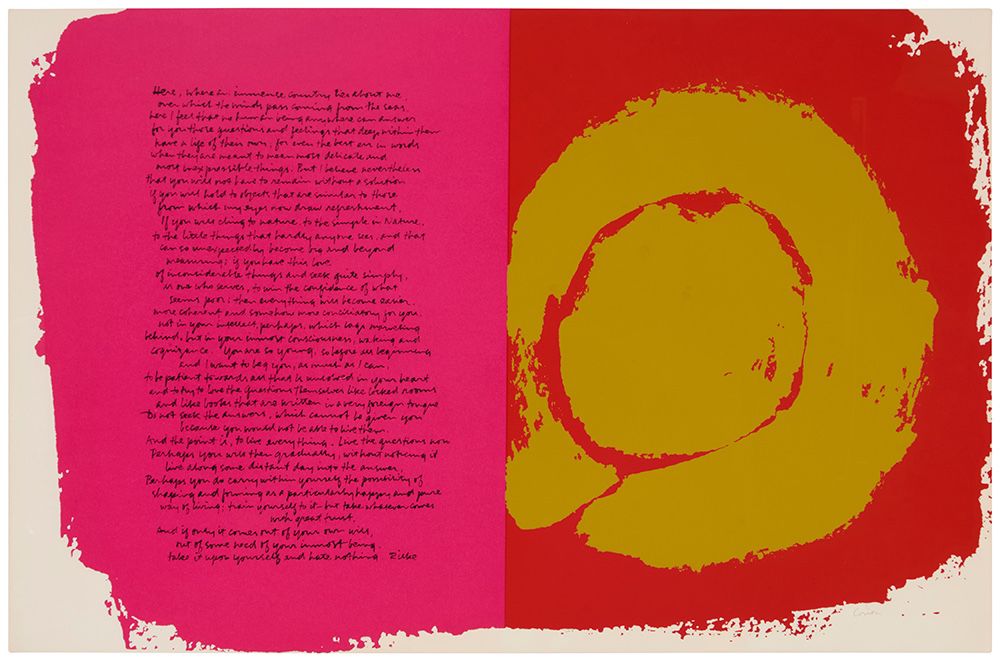 2001 Corita (Sister Mary) Kent (1918-1986) "Here, where an immense country lies about me," 1973 Screenprint in colors on wove paper From the edition of unknown size Signed in pencil lower right: Corita; inscribed in pencil "73-11" verso Image/Sheet: 22 3/8 x 34 3/8 in. Estimate: $600 - $800
