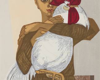 2344 Sekino Jun'ichiro (1914-1988) "Shiroi niwatori (White Rooster)," 1956 Woodcut in colors on paper, watermark Jun. Sekino Edition: 83/100 Signed in white pigment and with the artist's red ink chopmark in the lower right corner of the image: Jun. Sekino; numbered in pencil in the lower margin; with the artist's signature also stamped in black ink in the lower margin Image: 25 x 19 in.; Sheet: 28 3/8 x 21 1/2 in. Estimate: $1,000 - $1,500