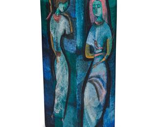 2022 Polia Pillin (1909-1992) A rectangular glazed ceramic vase, mid-20th century Each side depicting a woman with a bird Signed to underside: Pillin Height 11 5/8 in., width 4 1/4 in., depth 3 3/4 in. Estimate: $400 - $600