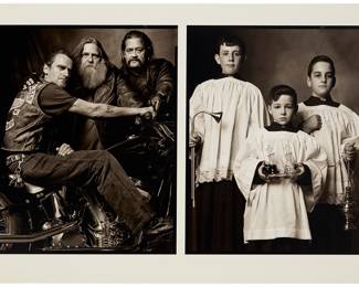 2336 Mark Laita (b. 1960) "Bikers / Altar Boys," diptych from the "Created Equal" series, 2004-2005 Archival pigment print on paper mounted to acrylic sheeting Edition: 6/20 Signed, titled, dated, numbered, artist's stamp, and with "©" verso: Mark Laita / 2004/2005 Each image: 10 1/4 x 16 in.; Overall sheet: 24 3/4 x 36 3/4 in. Estimate: $800 - $1,200