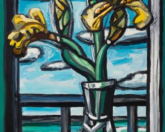 2273 David Bates (b. 1952) "Yellow Irises," 1999 Oil on Masonite Signed lower right: Bates; signed "David Bates," titled, and dated "1999," all verso 48 x 24 in. Estimate: $10,000 - $15,000